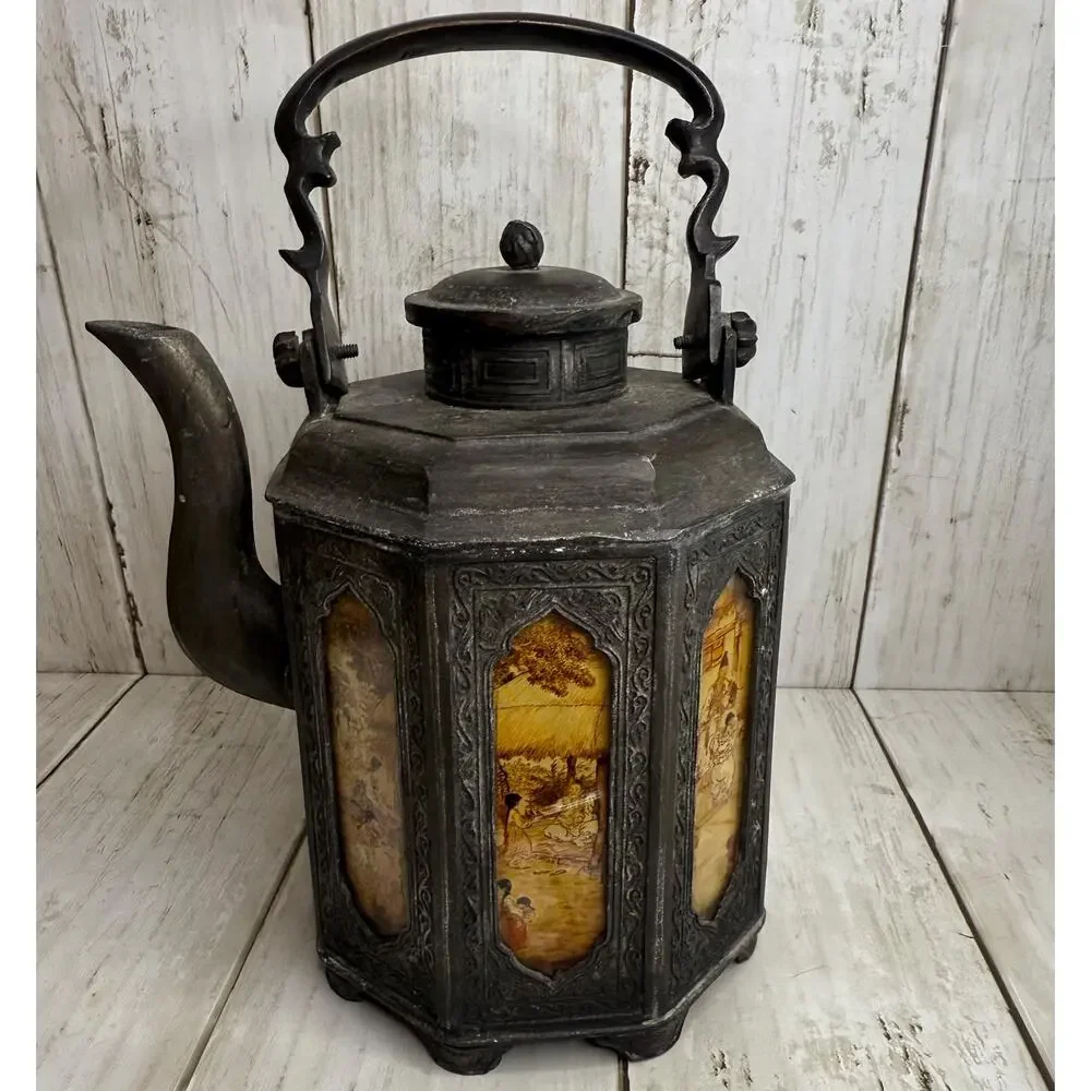 Antique Pewter and Painted Panel Chinese Teapot